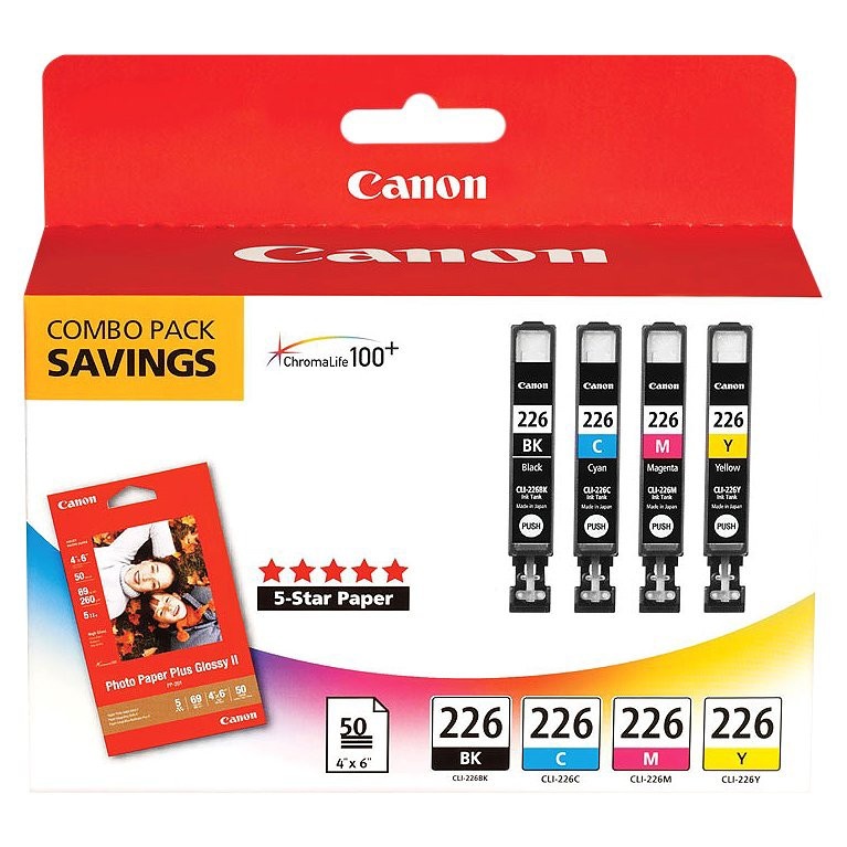 slide 1 of 1, Canon 226 Black, C/M/Y 4pk Combo Ink Cartridges with Photo Paper - Black, Cyan, Magenta, Yellow (4546B007), 1 ct