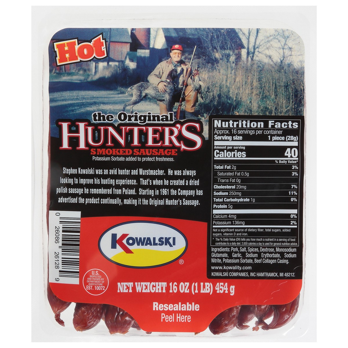 slide 2 of 4, Kowalski's Hot The Original Hunter's Smoked Sausage 16 oz, 16 oz