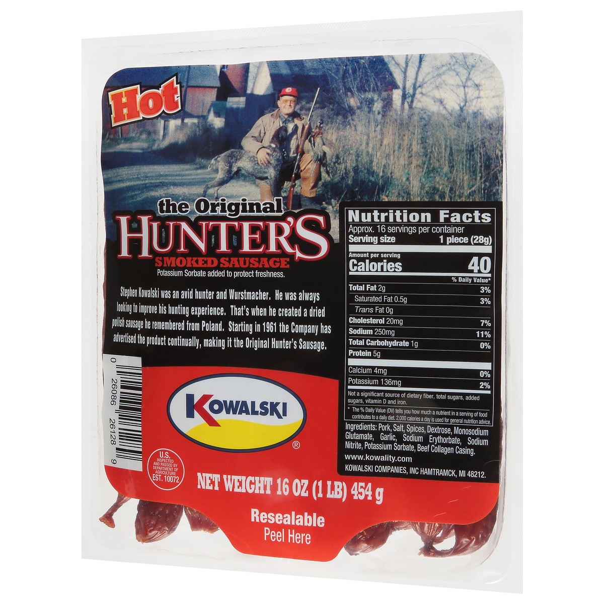 slide 3 of 4, Kowalski's Hot The Original Hunter's Smoked Sausage 16 oz, 16 oz