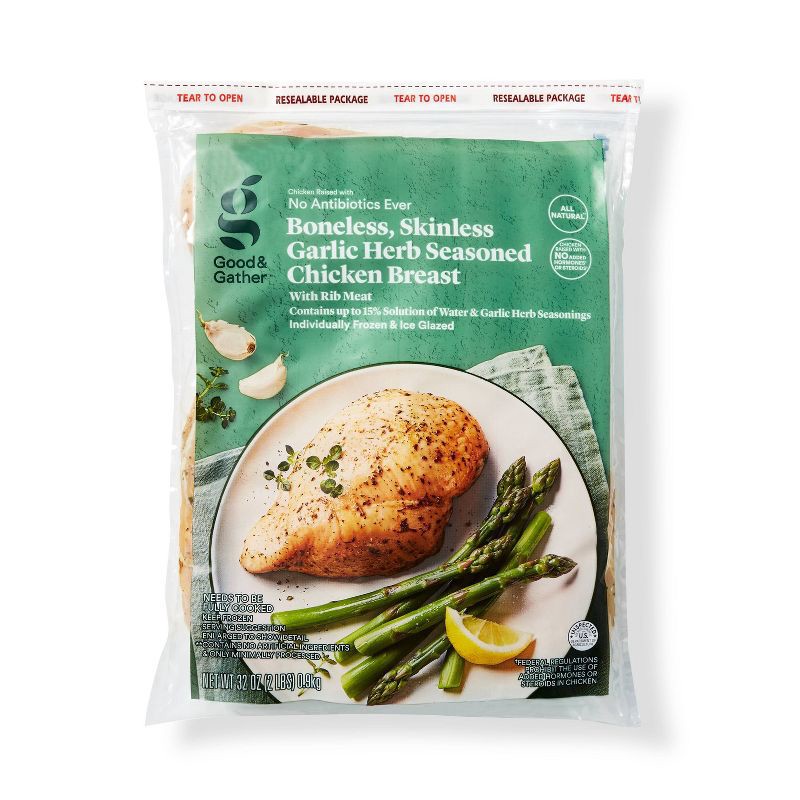 slide 1 of 3, Boneless & Skinless Garlic Herb Seasoned Chicken Breast - Frozen - 2lbs - Good & Gather, 2 lb