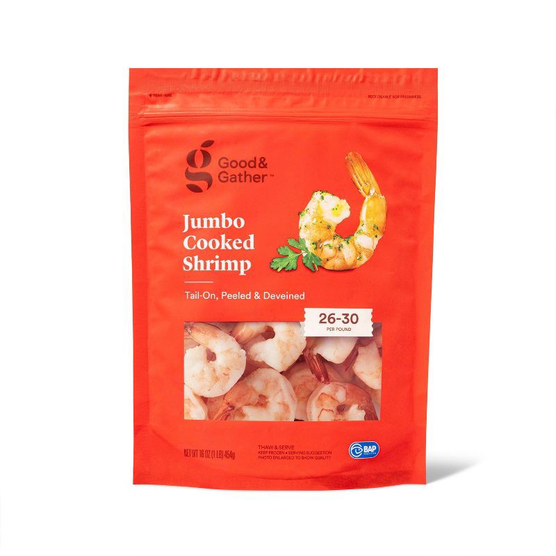 slide 1 of 4, Jumbo Tail On Peeled & Deveined Cooked Shrimp - Frozen - 26-30ct/16oz - Good & Gather™, 26 ct; 30 ct, 16 oz