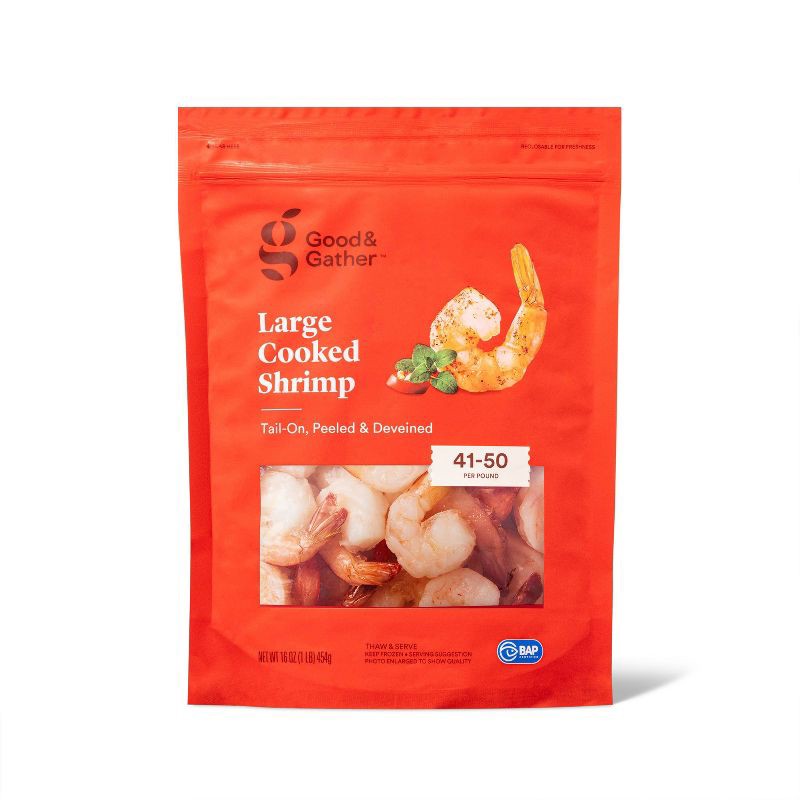 slide 1 of 4, Large Tail On Peeled & Deveined Cooked Shrimp - Frozen - 41-50ct per lb/16oz - Good & Gather™, 41 ct; 50 ct, 16 oz