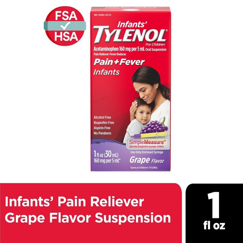 slide 10 of 10, Infants' Tylenol Pain Reliever and Fever Reducer Liquid Drops - Acetaminophen - Grape - 1 fl oz, 1 fl oz