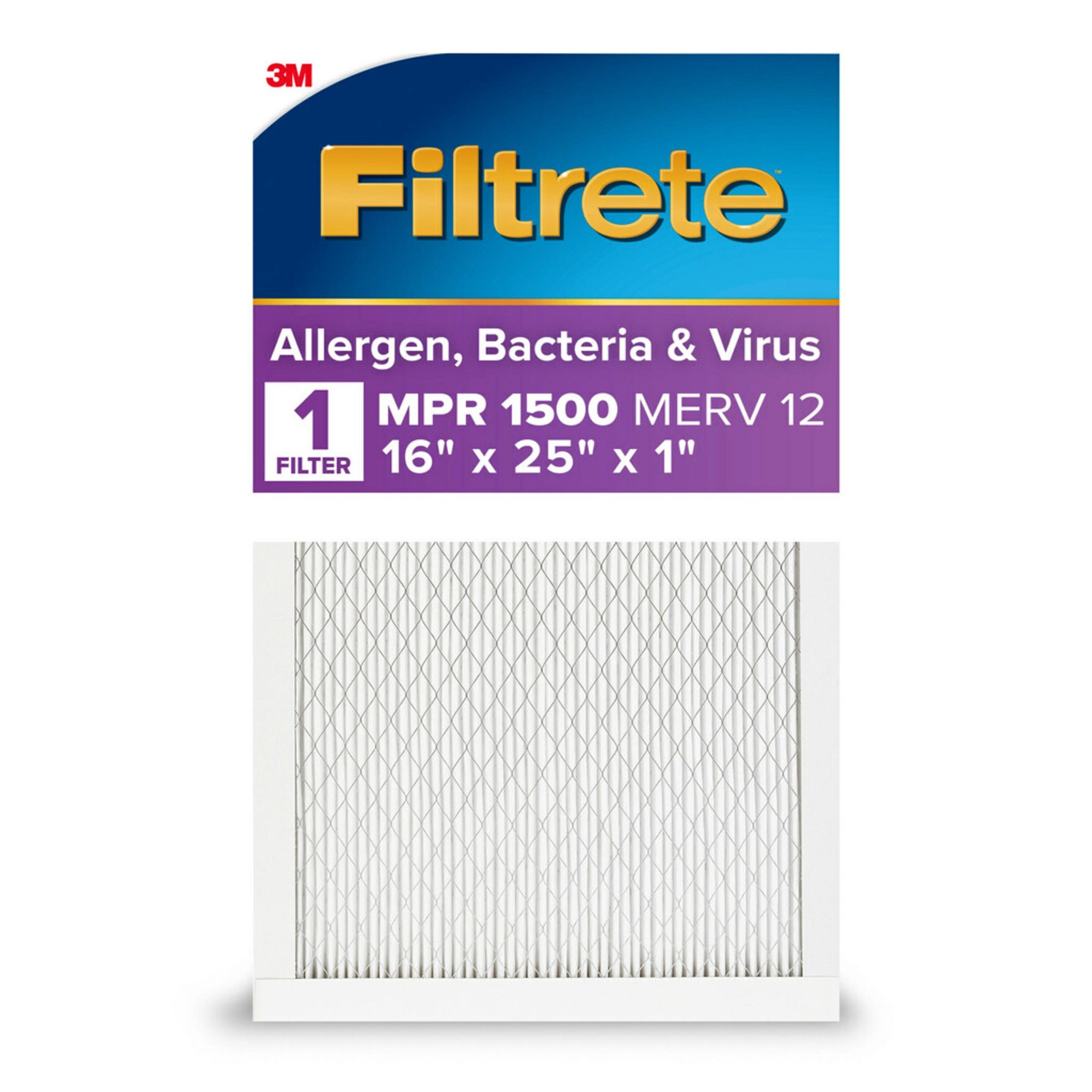 slide 1 of 6, Filtrete 16 x 25 x 1 MERV 12 1500 MPR Allergen, Bacteria and Virus Electrostatic Pleated Air Filter, 1 ct