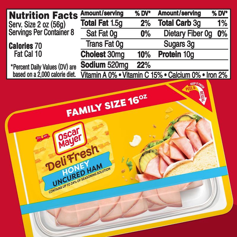 slide 10 of 11, Oscar Mayer Deli Fresh Honey Uncured Ham Sliced Lunch Meat Family Size - 16oz, 16 oz