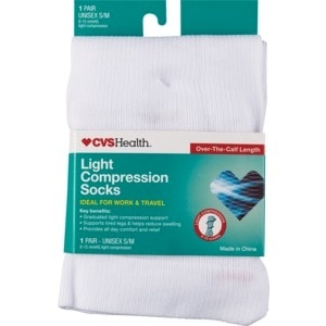 slide 1 of 1, CVS Health Light Compression Socks Over-The-Calf Unisex, 1 Pair, White, S/M, 1 ct