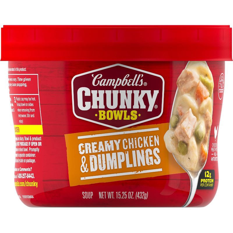 slide 11 of 13, Campbell's Chunky Creamy Chicken & Dumplings Soup Microwaveable Bowl - 15.25oz, 15.25 oz