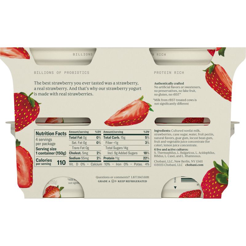 slide 4 of 7, Chobani Strawberry on the Bottom Nonfat Greek Yogurt - 11g Protein 4ct/5.3oz Cups, 11 gram, 4 ct, 5.3 oz
