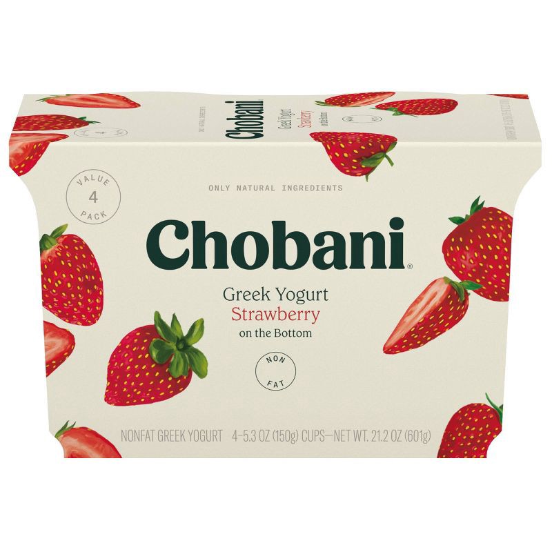 slide 1 of 7, Chobani Strawberry on the Bottom Nonfat Greek Yogurt - 11g Protein 4ct/5.3oz Cups, 4 ct; 5.3 oz