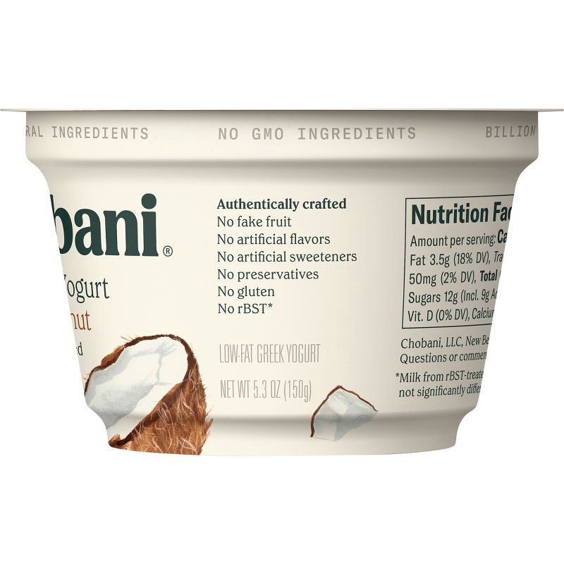 slide 2 of 8, Chobani Coconut Blended Low Fat Greek Yogurt - 12g Protein 5.3oz, 12 gram, 5.3 oz