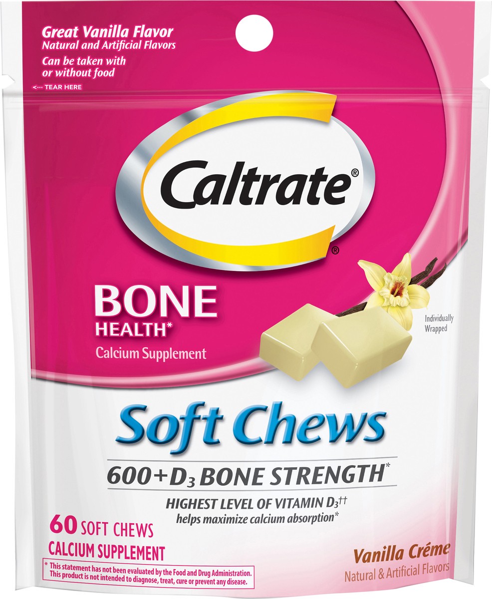 slide 4 of 7, Caltrate Soft Chews 600+D3 Calcium Vitamin D Supplement, Vanilla Creme - 60 Count, 60 ct
