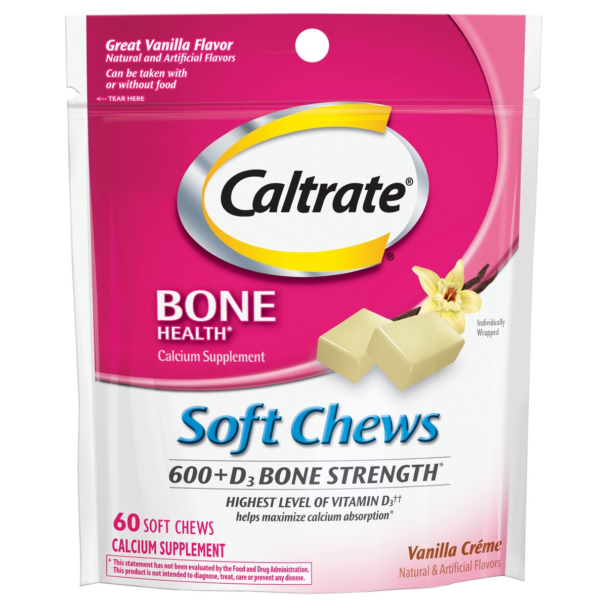 slide 1 of 7, Caltrate Soft Chews 600+D3 Calcium Vitamin D Supplement, Vanilla Creme - 60 Count, 60 ct