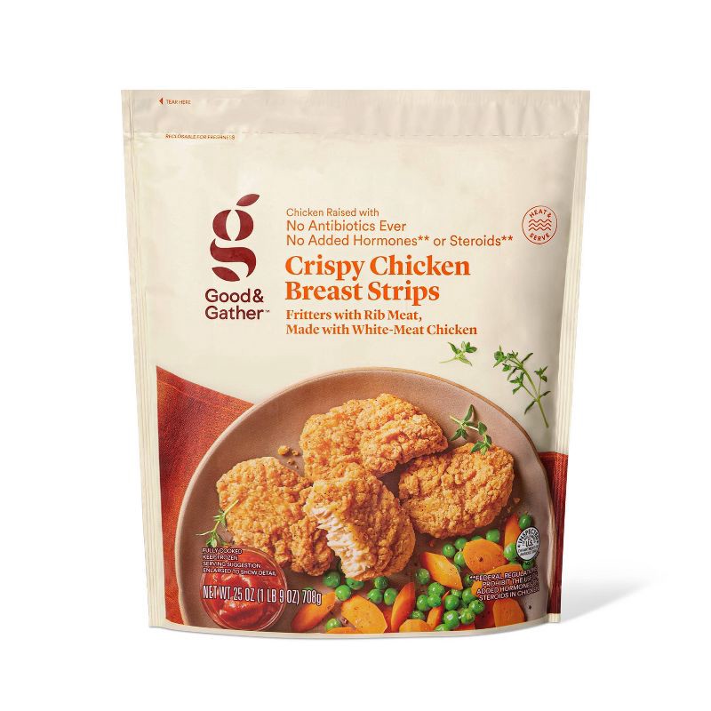 slide 1 of 4, No Antibiotics Ever Crispy Chicken Breast Strips - Frozen - 25oz - Good & Gather™, 25 oz