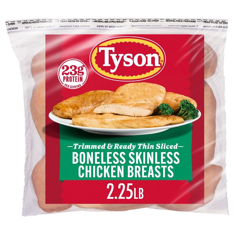 slide 1 of 8, Tyson Thin Sliced Trimmed & Ready Boneless & Skinless Chicken Breast - Frozen - 2.25lbs, 2.25 lb