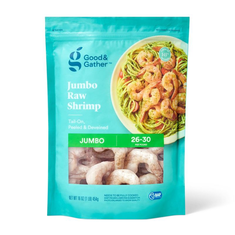 slide 1 of 4, Jumbo Tail On Peeled & Deveined Raw Shrimp - Frozen - 26-30ct per lb/16oz - Good & Gather™, 26 ct; 30 ct, 16 oz