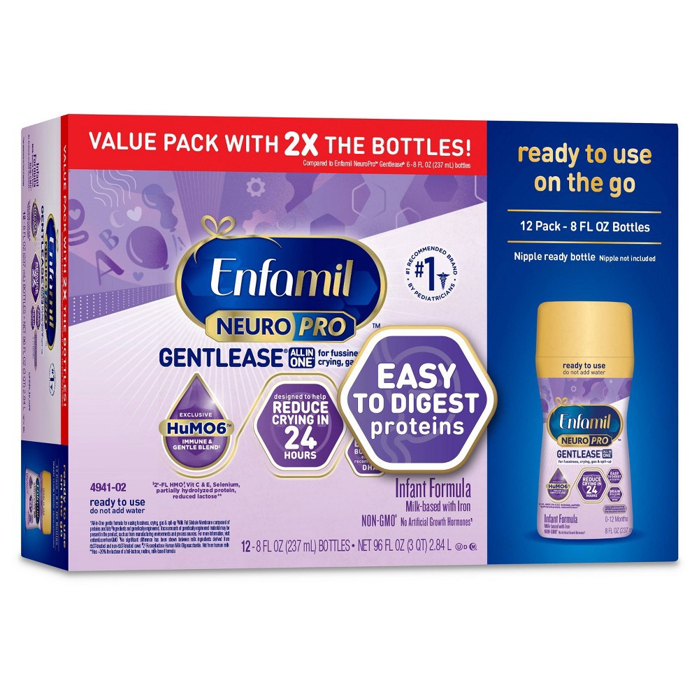 slide 4 of 11, Enfamil Gentlease NeuroPro Ready to Feed Infant Formula Bottles - 8 fl oz Each/12ct, 12 ct; 8 fl oz