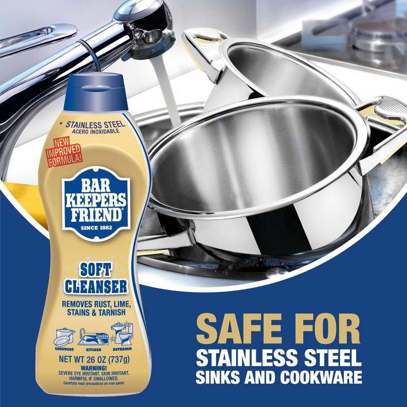 slide 3 of 10, Bar Keepers Friend Non Bleach Soft Cleanser, Multipurpose Household Cleanser & Polish for Kitchen, Bath, Cookware & Outdoors - 26oz, 26 oz