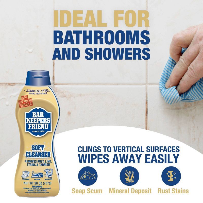 slide 4 of 10, Bar Keepers Friend Non Bleach Soft Cleanser, Multipurpose Household Cleanser & Polish for Kitchen, Bath, Cookware & Outdoors - 26oz, 26 oz