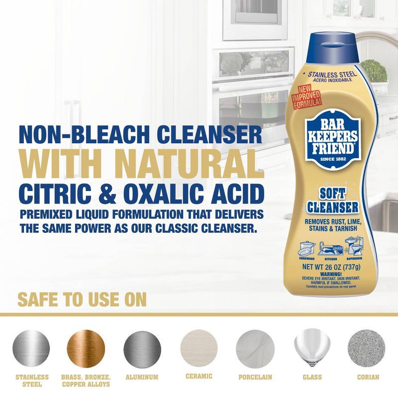 slide 5 of 10, Bar Keepers Friend Non Bleach Soft Cleanser, Multipurpose Household Cleanser & Polish for Kitchen, Bath, Cookware & Outdoors - 26oz, 26 oz