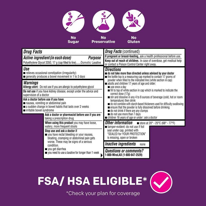 slide 7 of 8, Miralax Gentle Constipation Relief 45 Doses without Harsh Side Effects Osmotic Laxative Powder - 26.9oz, 26.9 oz