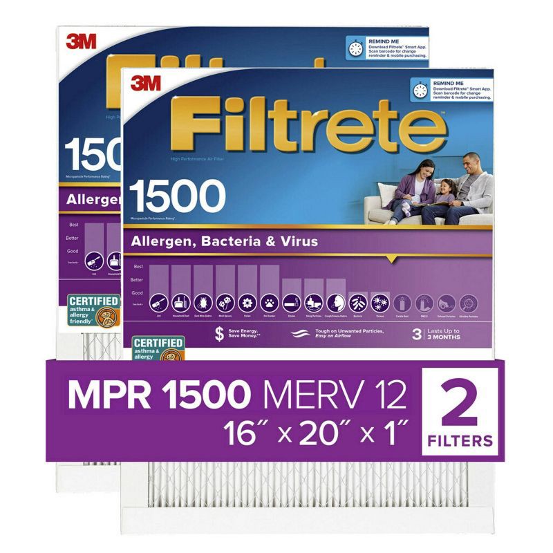 slide 2 of 11, Filtrete 16x20x1 2pk Allergen Bacteria and Virus Air Filter 1500 MPR: MERV 12, Electrostatic, Furnace Filter, 3-Month Use, 2 ct