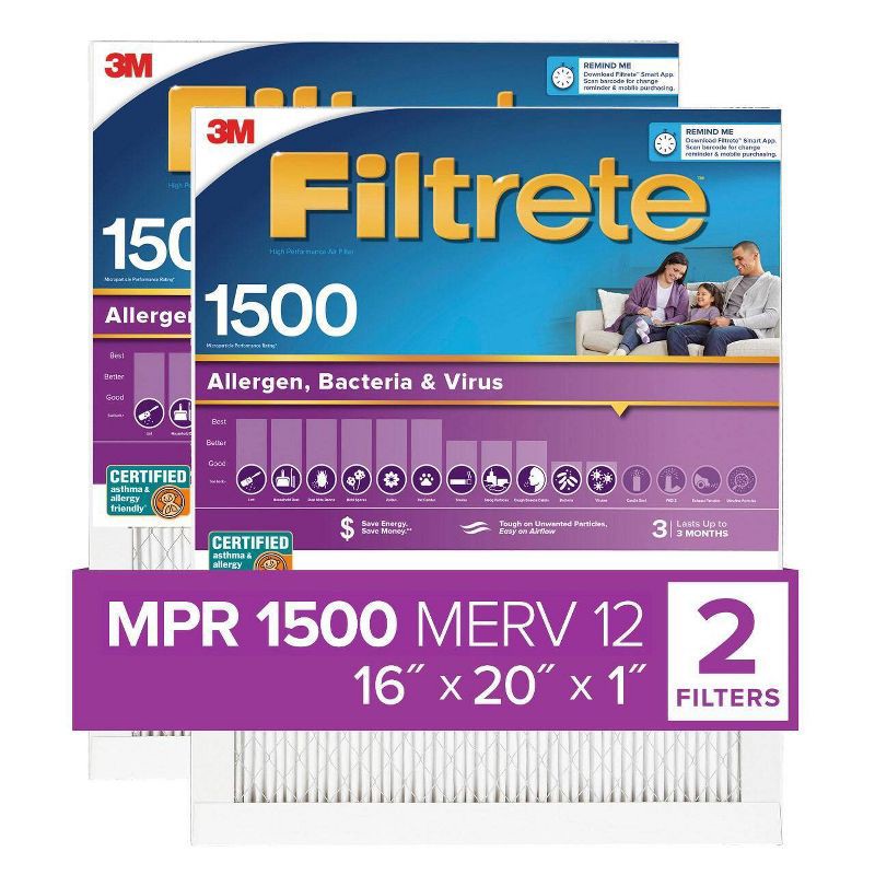 slide 1 of 11, Filtrete 16x20x1 2pk Allergen Bacteria and Virus Air Filter 1500 MPR: MERV 12, Electrostatic, Furnace Filter, 3-Month Use, 2 ct