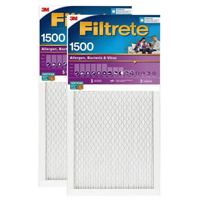 slide 1 of 11, Filtrete 16x25x1 2pk Allergen Bacteria and Virus Air Filter 1500 MPR: Furnace Filter, MERV 12, Electrostatic, 3-Month Use, 2 ct