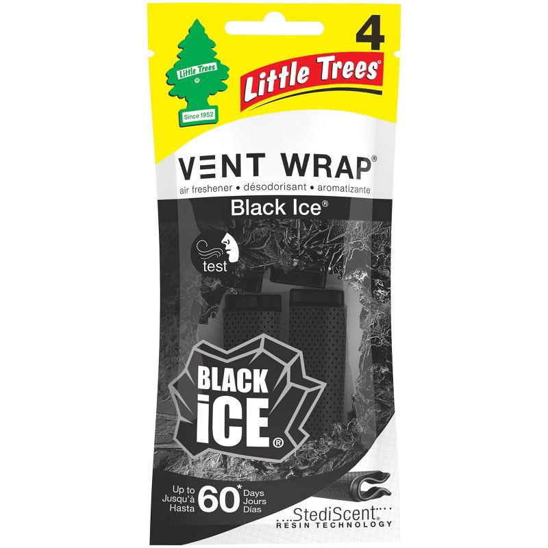 slide 1 of 4, Little Trees 4pk Vent Wrap Black Ice Air Fresheners: Car Freshener Vent Clips, Disposable, Scented, Non-Powered, 4 ct