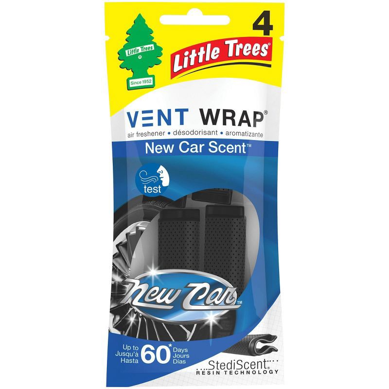 slide 1 of 4, Little Trees 4pk Vent Wrap New Car Scent Air Fresheners: Car Freshener Vent Clip, Disposable, Black, 2 Weeks Duration, 4 ct