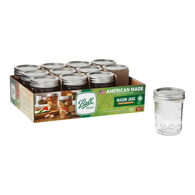 slide 1 of 7, Ball 8oz. 12pk Glass Regular Mouth Mason Jar with Lid and Band, 12 ct; 8 oz