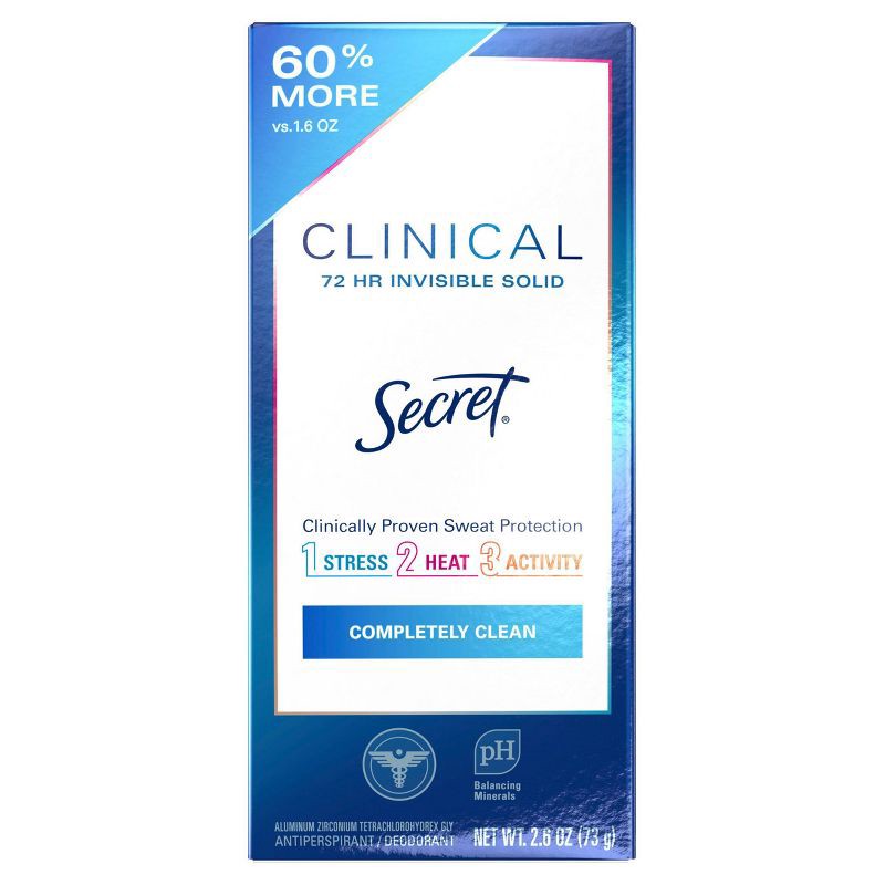 slide 2 of 9, Secret Clinical Strength Completely Clean Invisible Solid Antiperspirant & Deodorant for women - 2.6oz, 2.6 oz