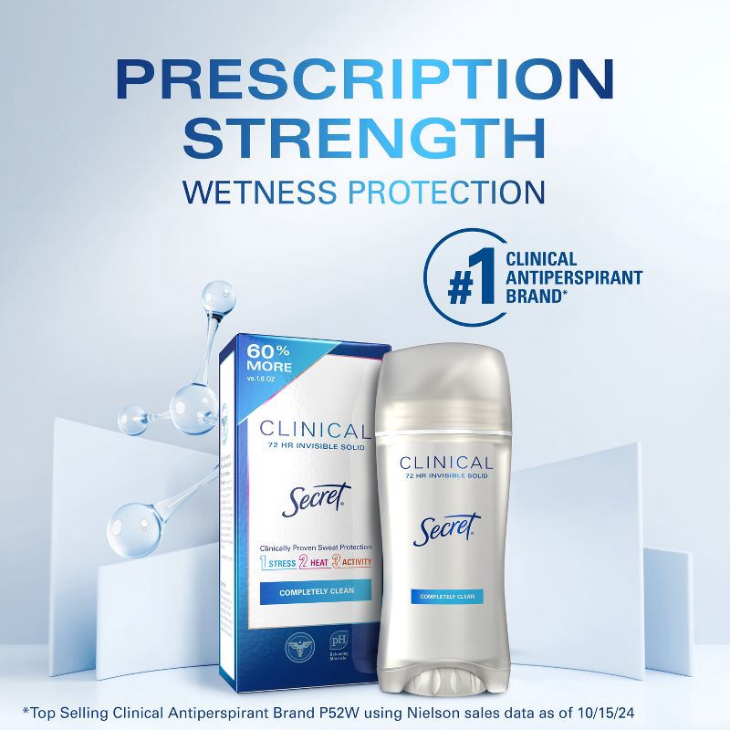 slide 2 of 11, Secret Clinical Strength Completely Clean Invisible Solid Antiperspirant & Deodorant for Women - 2.6oz, 2.6 oz