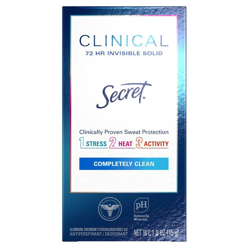 slide 2 of 9, Secret Clinical Strength Invisible Solid Antiperspirant and Deodorant, Completely Clean - 1.6oz, 1.6 oz