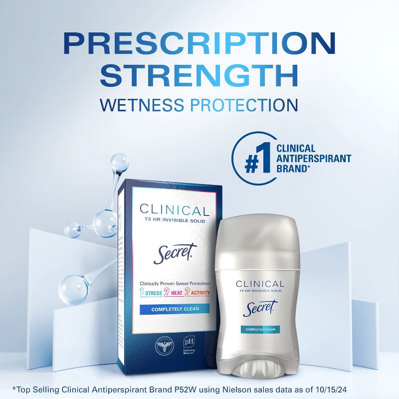 slide 3 of 11, Secret Clinical Strength Invisible Solid Antiperspirant and Deodorant, Completely Clean - 1.6oz, 1.6 oz