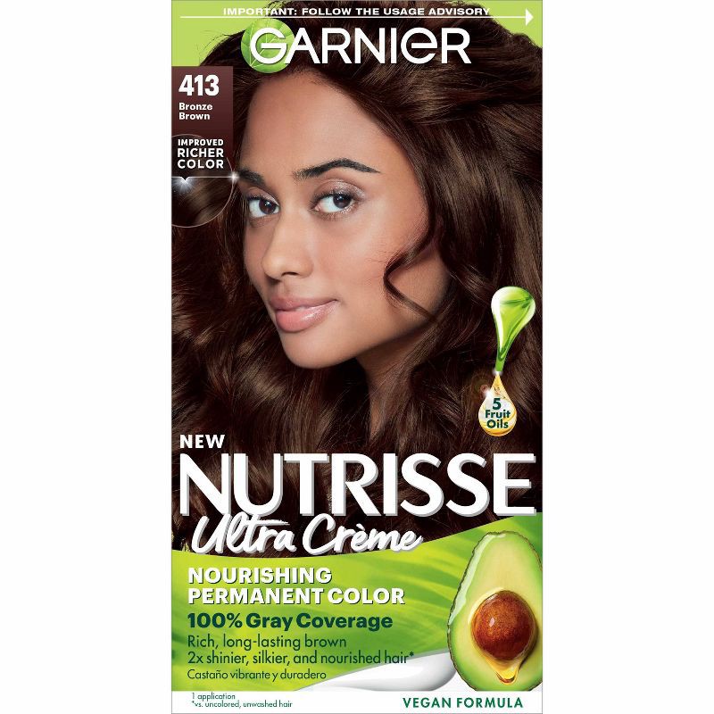 slide 1 of 9, Garnier Nutrisse Nourishing Permanent Hair Color Creme - 413 Bronze Brown, 1 ct