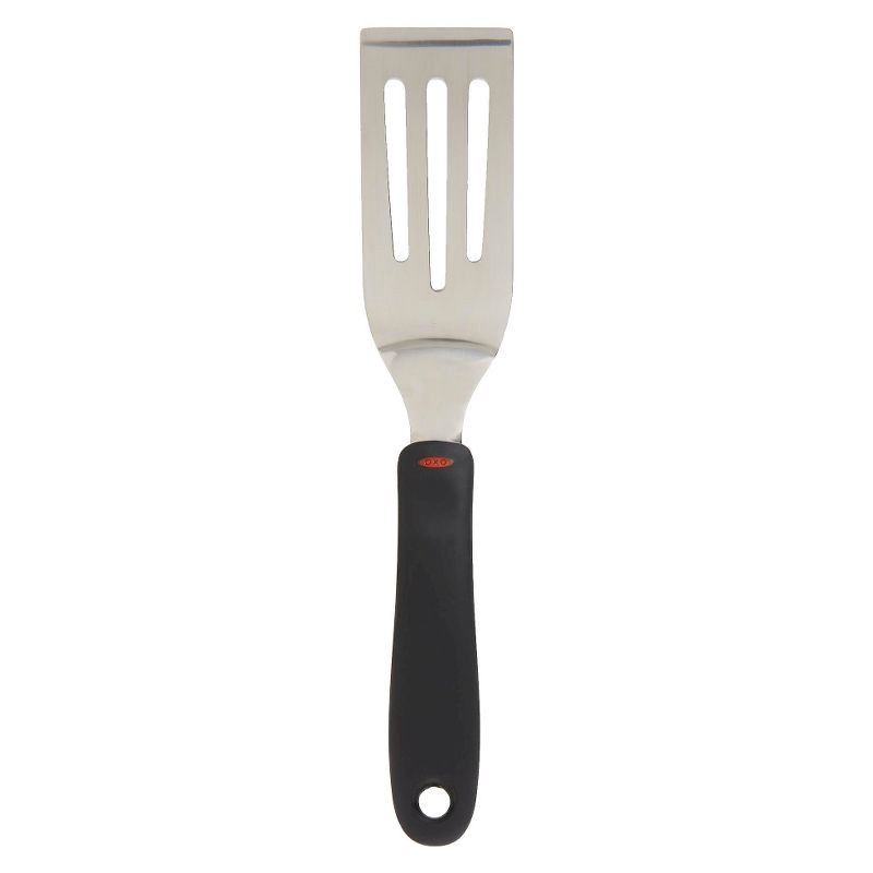 slide 1 of 8, OXO Cut and Serve Turner: Stainless Steel Small Metal Spatula, Kitchen Utensil, Dishwasher-Safe, Black Handle, 1 ct