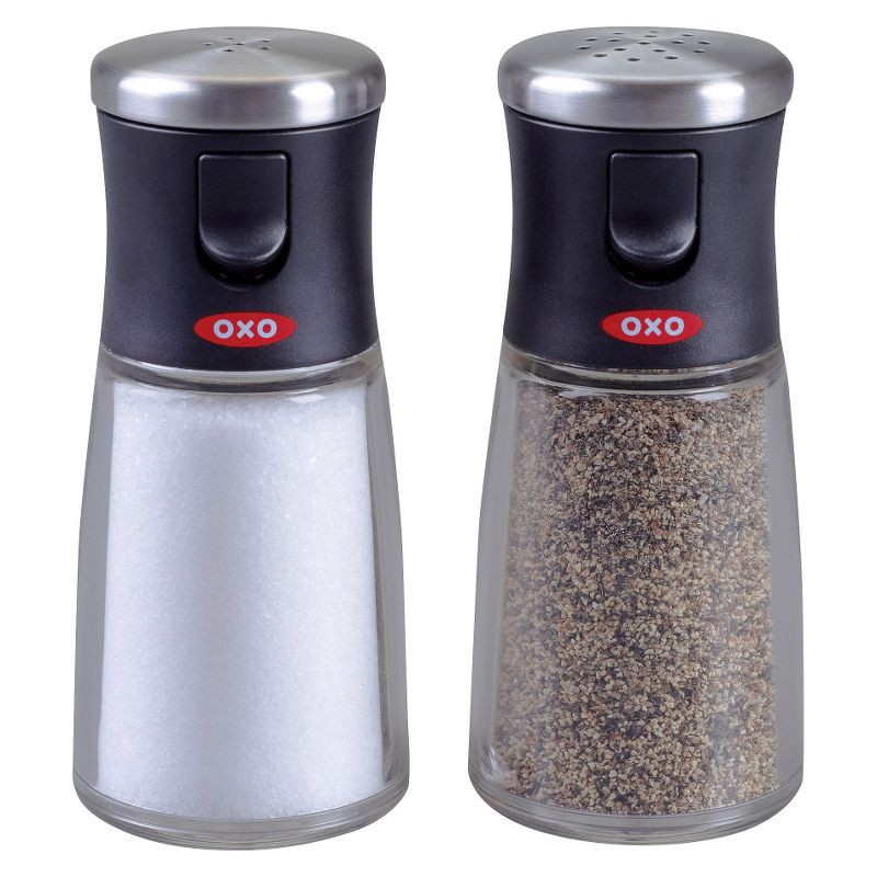 slide 2 of 4, OXO Salt and Pepper Shaker Set: Aluminum & Stainless Steel, Black, Hand Wash, 2-Piece Tableware, 1 ct