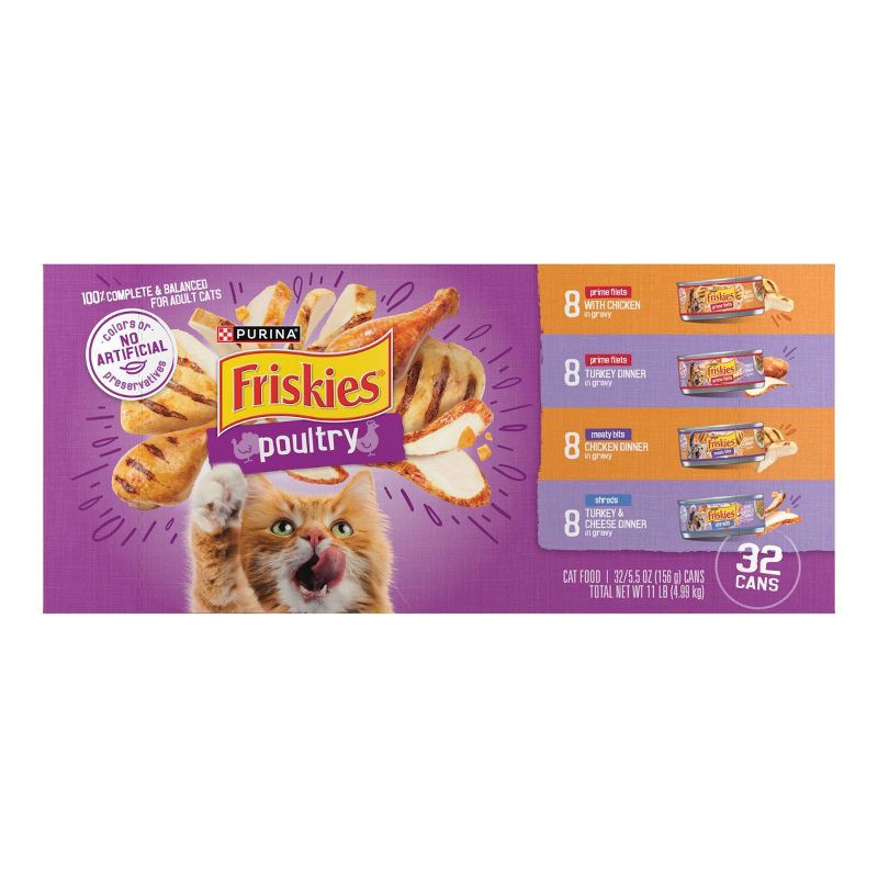 slide 3 of 9, Purina Friskies Shreds, Meaty Bits & Prime Filets with Chicken, Turkey and Cheese Flavor Wet Cat Food - 5.5oz/32ct Variety Pack, 32 ct; 5.5 oz