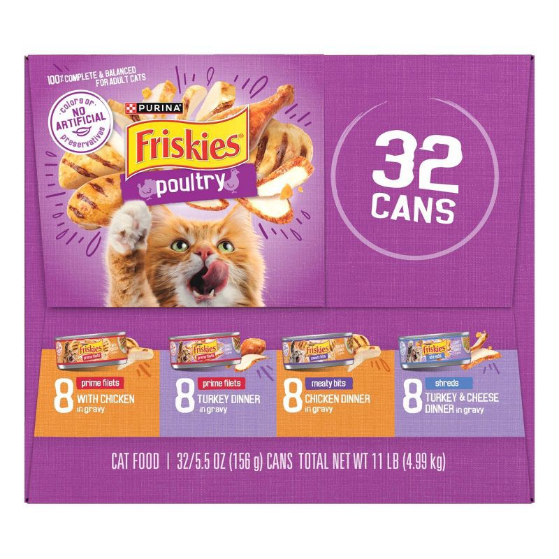 slide 5 of 9, Purina Friskies Shreds, Meaty Bits & Prime Filets with Chicken, Turkey and Cheese Flavor Wet Cat Food - 5.5oz/32ct Variety Pack, 32 ct; 5.5 oz