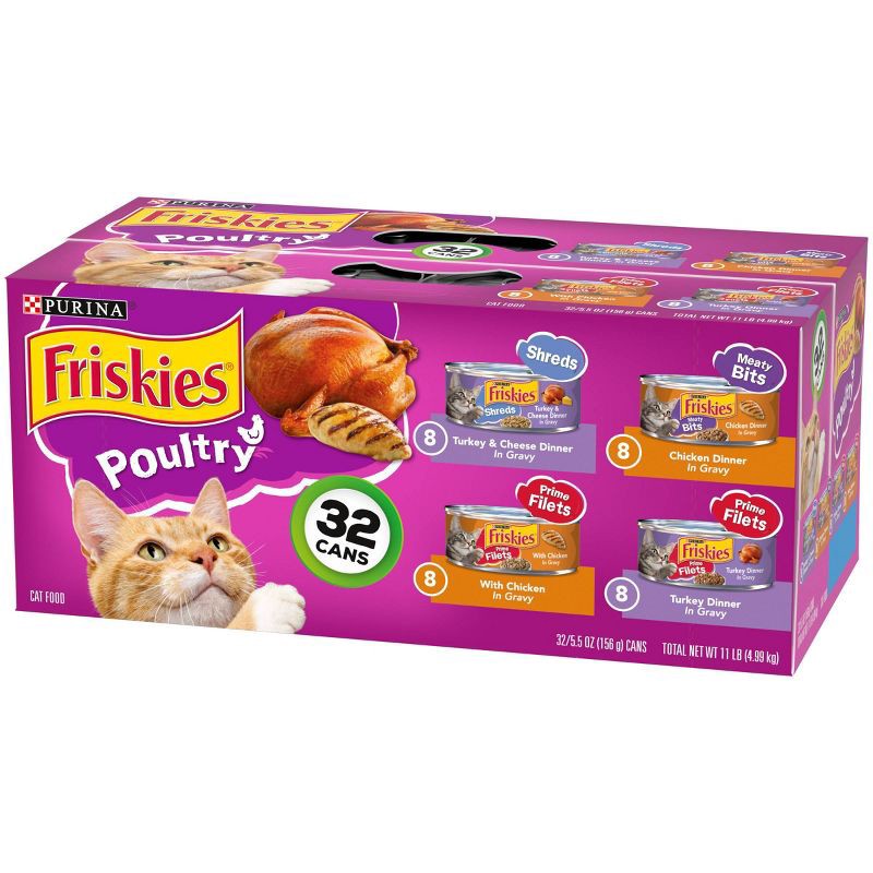 slide 6 of 9, Purina Friskies Shreds, Meaty Bits & Prime Filets with Chicken, Turkey and Cheese Flavor Wet Cat Food - 5.5oz/32ct Variety Pack, 32 ct; 5.5 oz