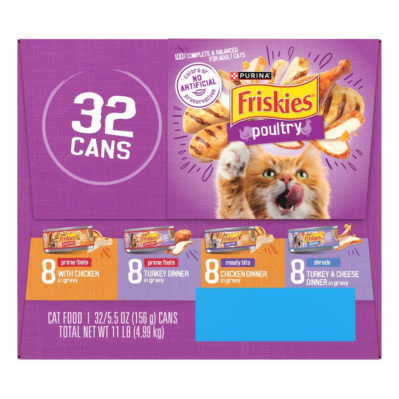 slide 8 of 9, Purina Friskies Shreds, Meaty Bits & Prime Filets with Chicken, Turkey and Cheese Flavor Wet Cat Food - 5.5oz/32ct Variety Pack, 32 ct; 5.5 oz