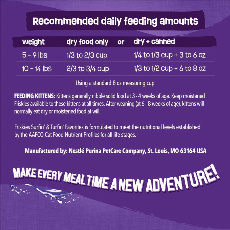 slide 10 of 12, Purina Friskies Surfin &Turfin Favorites with Flavors of Chicken, Beef & Seafood Adult Balanced Dry Cat Food - 3.15lbs, 3.15 lb