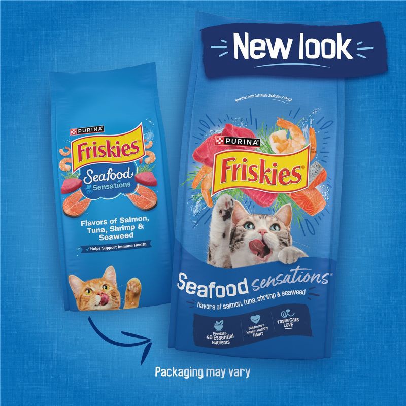 slide 3 of 11, Purina Friskies Seafood Sensations with Flavors of Salmon, Tuna, Shrimp & Seaweed Adult Complete & Balanced Dry Cat Food - 3.15lbs, 3.15 lb