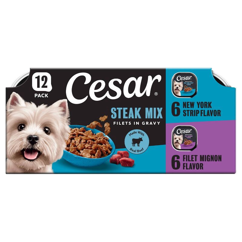 slide 1 of 14, Cesar Filets in Gravy Read Meat Beef Gravy and Steak Flavor Variety Pack Small Breed Wet Dog Food - 3.5oz/12ct, 12 ct; 3.5 oz