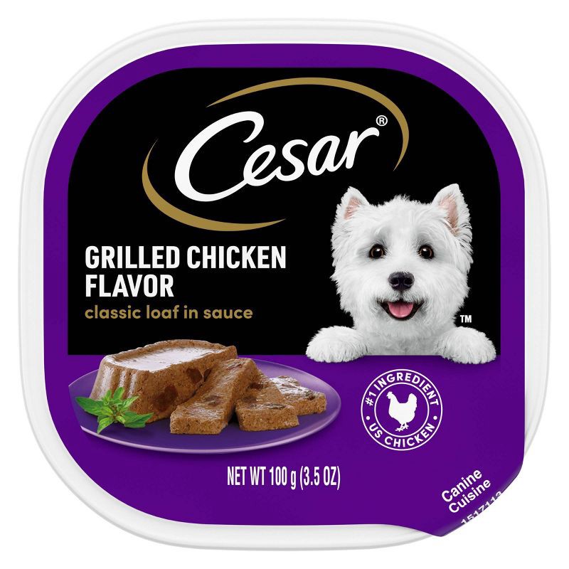 slide 1 of 9, Cesar Loaf and Topper in Sauce Grilled Chicken Flavor Small Breed Wet Dog Food - 3.5oz, 3.5 oz