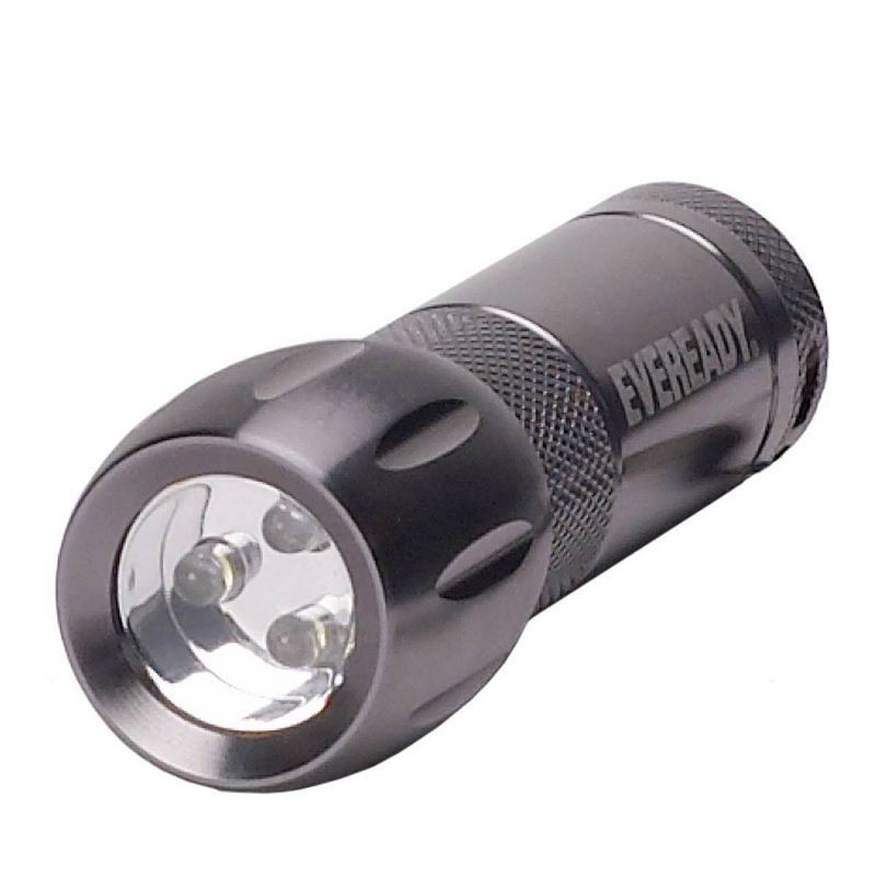 slide 2 of 4, Eveready LED Pocket Flashlight: Small Gray Metal, 80 Lumens, Includes Batteries & Strap, Kids & Adults, Push-Button Control, 1 ct