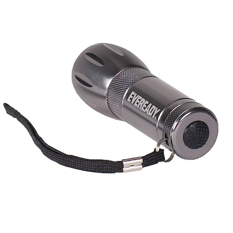 slide 3 of 4, Eveready LED Pocket Flashlight: Small Gray Metal, 80 Lumens, Includes Batteries & Strap, Kids & Adults, Push-Button Control, 1 ct