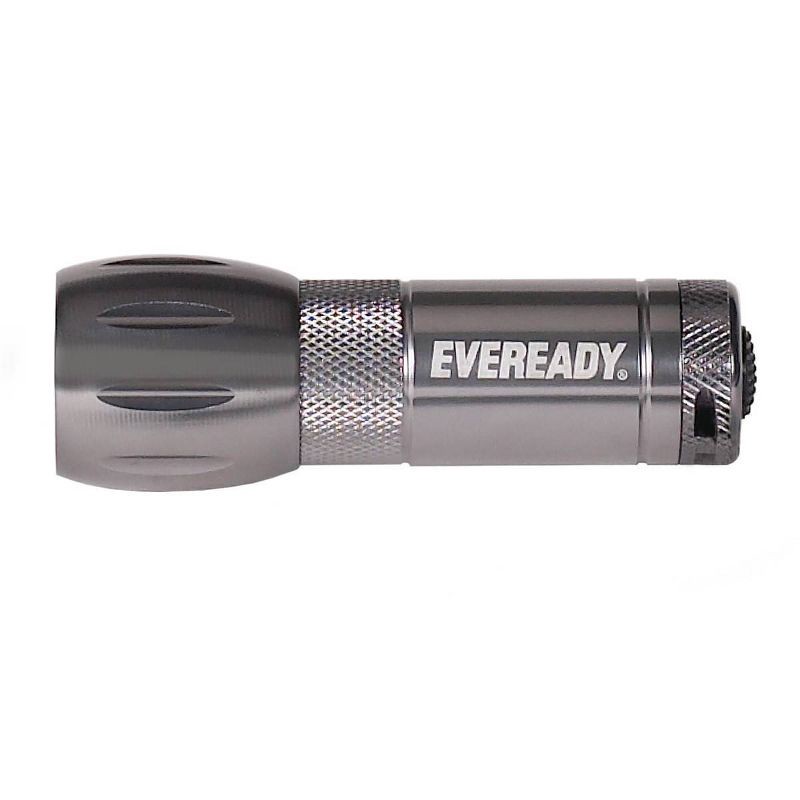 slide 4 of 4, Eveready LED Pocket Flashlight: Small Gray Metal, 80 Lumens, Includes Batteries & Strap, Kids & Adults, Push-Button Control, 1 ct
