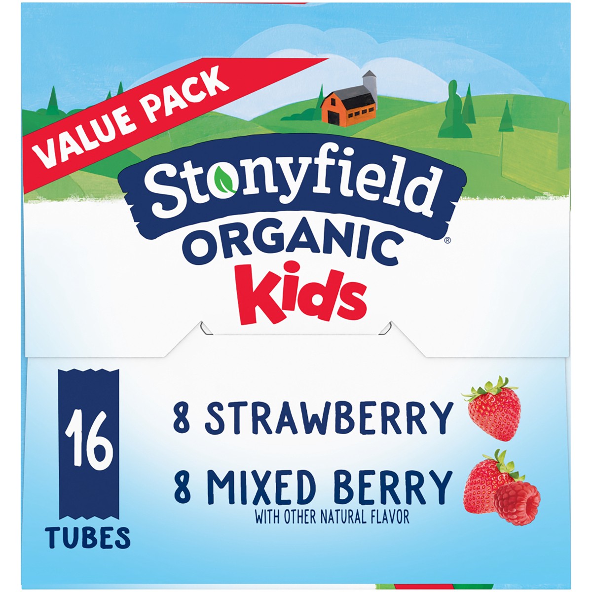 slide 3 of 14, Stonyfield Organic Kids Strawberry & Mixed Berry Lowfat Yogurt Tubes Variety Pack 16 ct Box, 16 ct; 2 oz