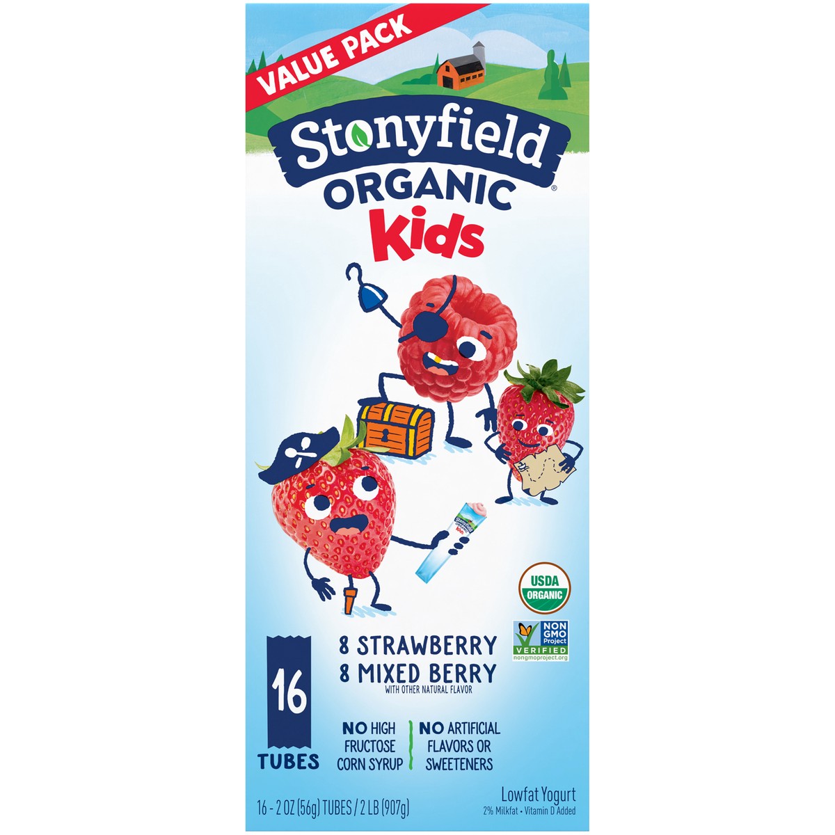 slide 14 of 14, Stonyfield Organic Kids Strawberry & Mixed Berry Lowfat Yogurt Tubes Variety Pack 16 ct Box, 16 ct; 2 oz
